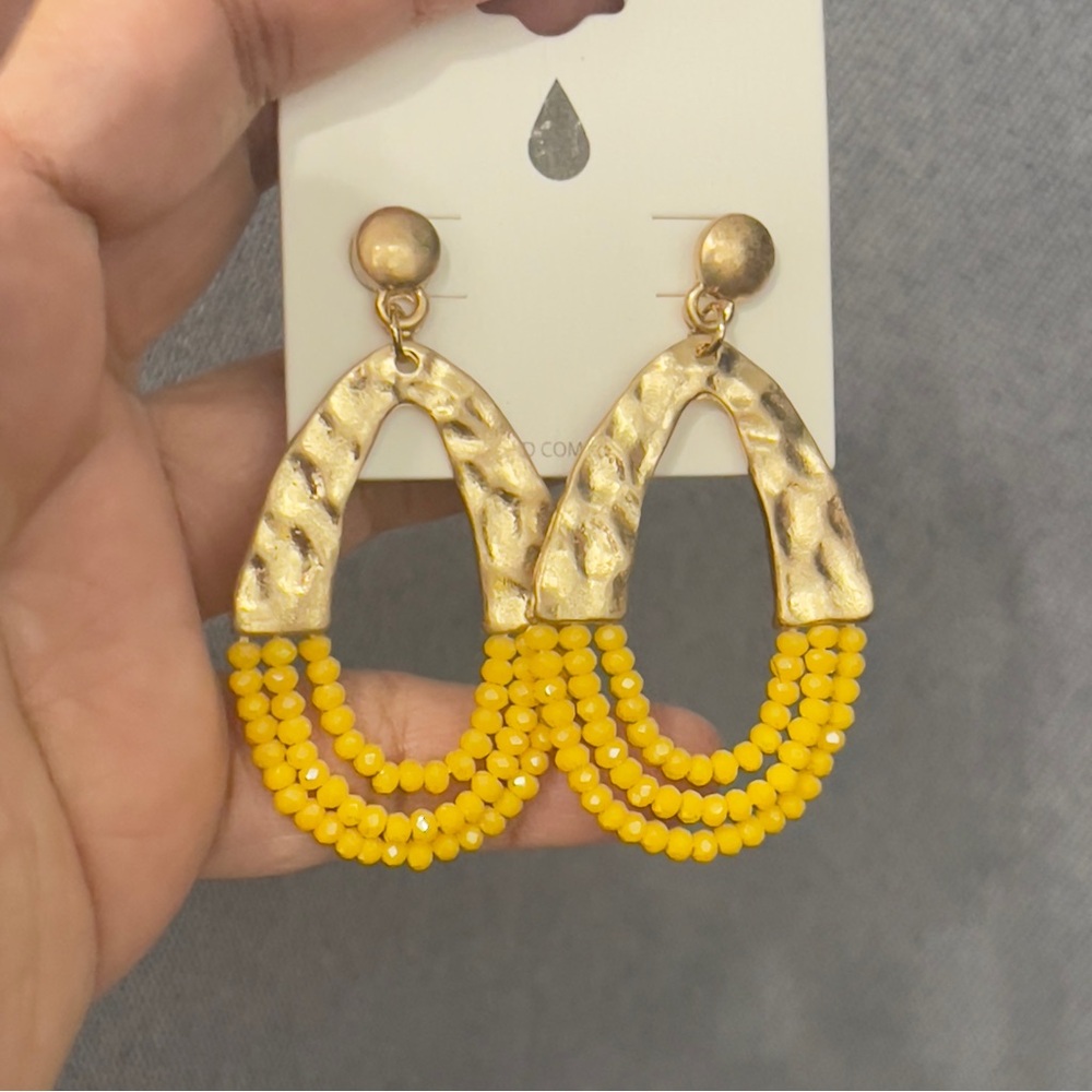 Yellow Beaded Hammered Metal Earrings